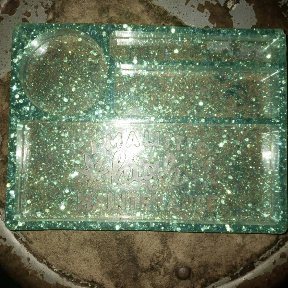 Handmade Smokers Tray w/ Organization Slots Green w/ Glitter Accents